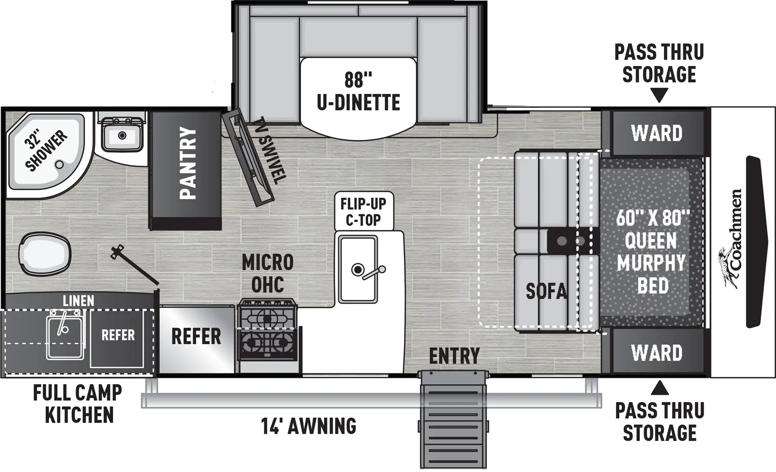 The 226RBS has one slideout and one entry. Exterior features front pass-thru storage, 14 foot awning, and full camp kitchen with sink, refrigerator, and overhead cabinet. Interior layout front to back: queen murphy bed sofa with wardrobes on each side; off-door side slide out with u-dinette and a TV swivel with hidden pantry along inner wall; door side entry, peninsula kitchen counter with flip-up countertop and sink wraps to door side with microwave, cooktop, overhead cabinet, and refrigerator; rear full bathroom with linen closet. 